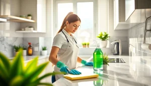 Enhance your home with a professional Cleaning service, showcasing a spotless kitchen and a focused cleaner.