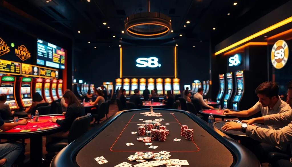 S8 gaming table showcasing poker action with vibrant chips and luxurious ambiance