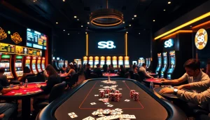 S8 gaming table showcasing poker action with vibrant chips and luxurious ambiance