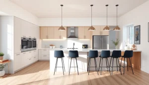 Home renovation showcasing a modern kitchen with elegant fixtures and warm lighting.