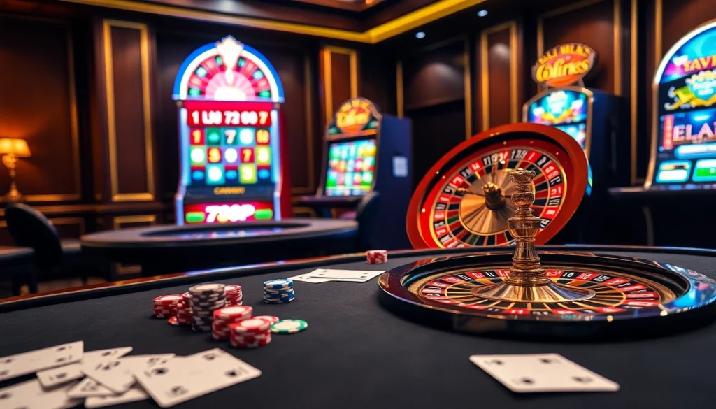 Experience the excitement of 789p with vibrant casino tables featuring roulette wheels and colorful slot machines.
