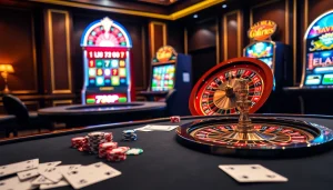 Experience the excitement of 789p with vibrant casino tables featuring roulette wheels and colorful slot machines.