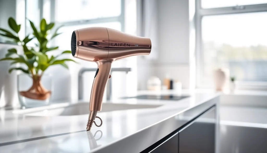 Stylish laifen se hair dryer positioned elegantly in a modern bathroom setting.