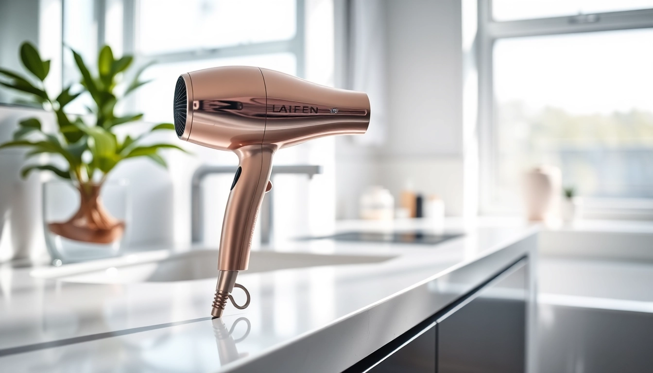 Stylish laifen se hair dryer positioned elegantly in a modern bathroom setting.