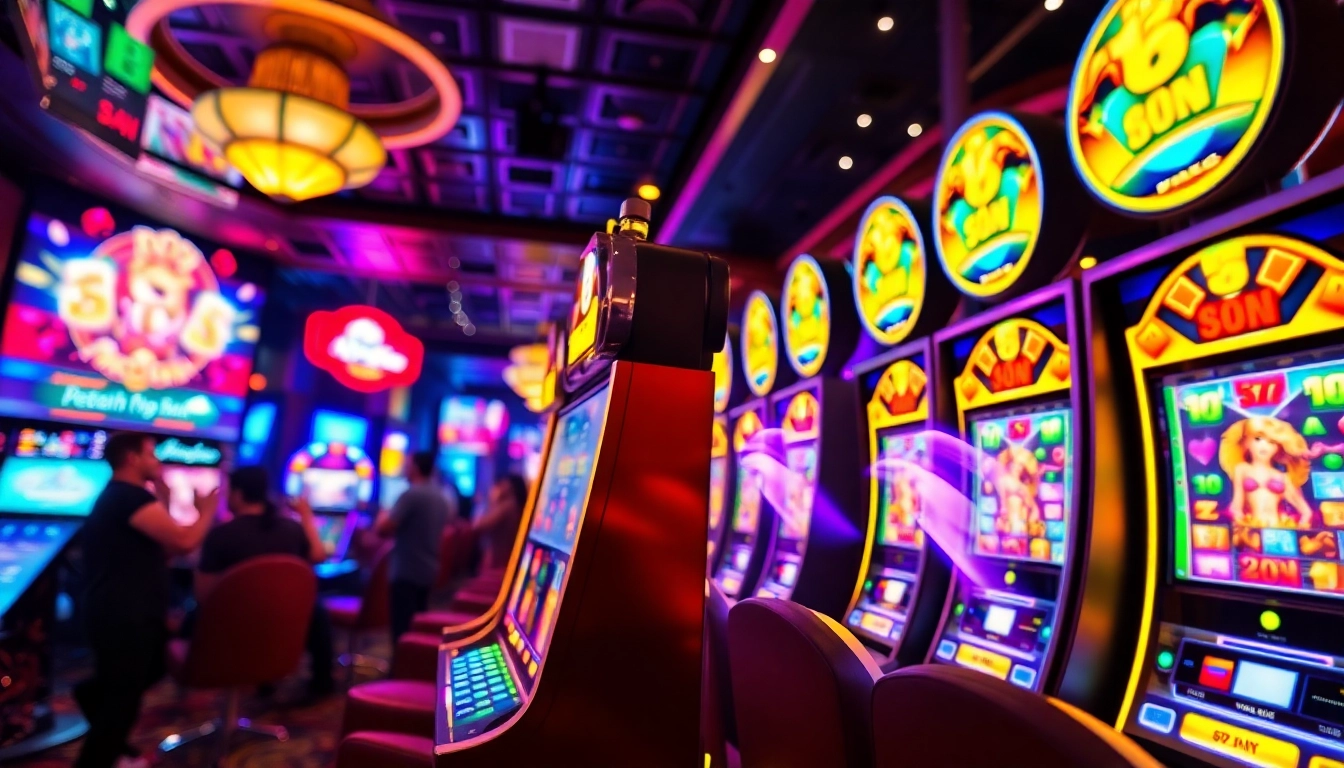 Permainan peluang petanitoto menampilkan mesin slot berwarna cerah di tengah kasino yang meriah.