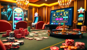 Engaging casino scene showcasing luck8 with vibrant poker chips and a roulette wheel.