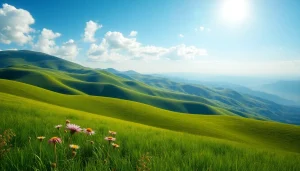 Experience the beauty of rolling hills enveloped in vibrant wildflowers and bright sunlight.