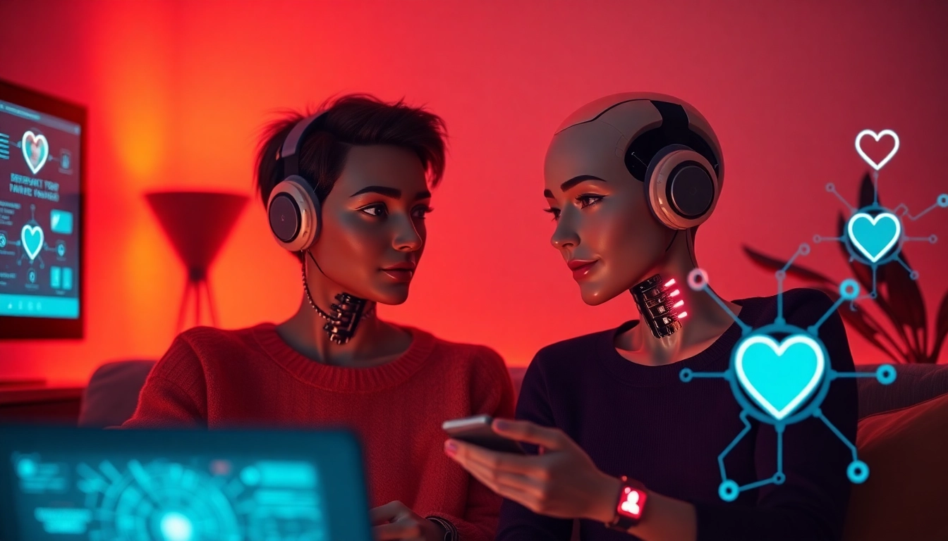 Engaging scene showcasing AI avatars in a virtual dating environment, highlighting sex ai technology.