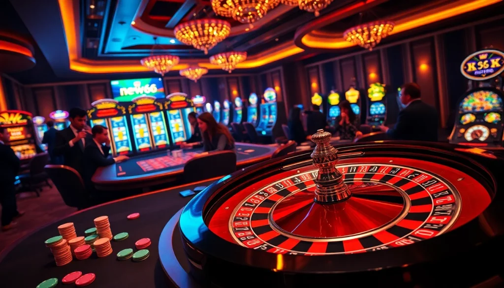 Players enjoy thrilling games at a new66 casino table under dramatic lights, showcasing excitement and luxury.