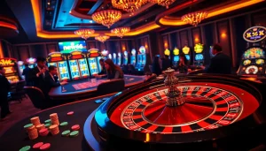 Players enjoy thrilling games at a new66 casino table under dramatic lights, showcasing excitement and luxury.