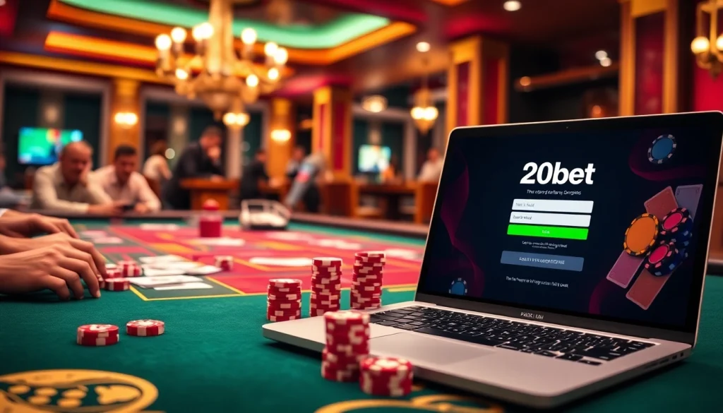 Experience excitement at 20bet Login amidst vibrant casino elements like poker chips and cards.