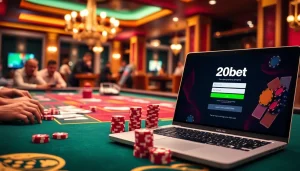 Experience excitement at 20bet Login amidst vibrant casino elements like poker chips and cards.