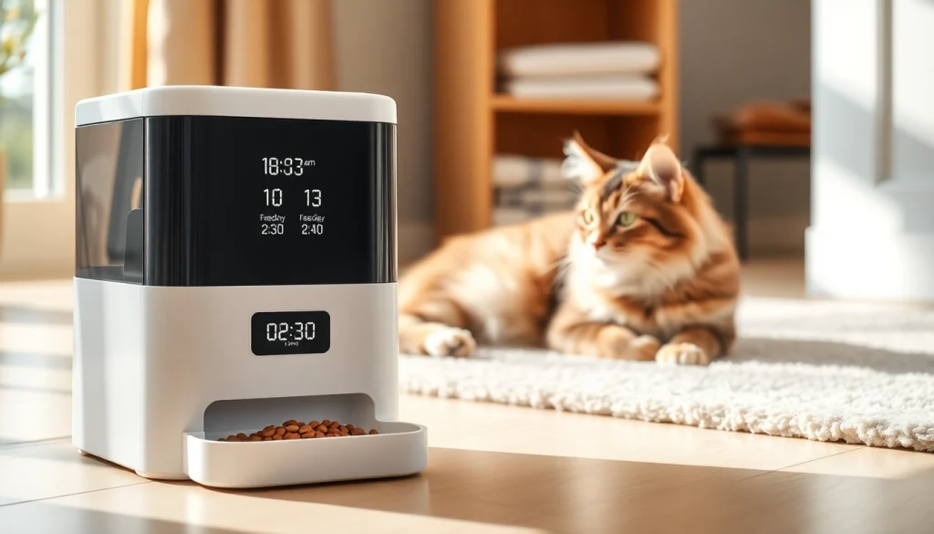 Cat using an automatic cat feeder in a cozy home setting.