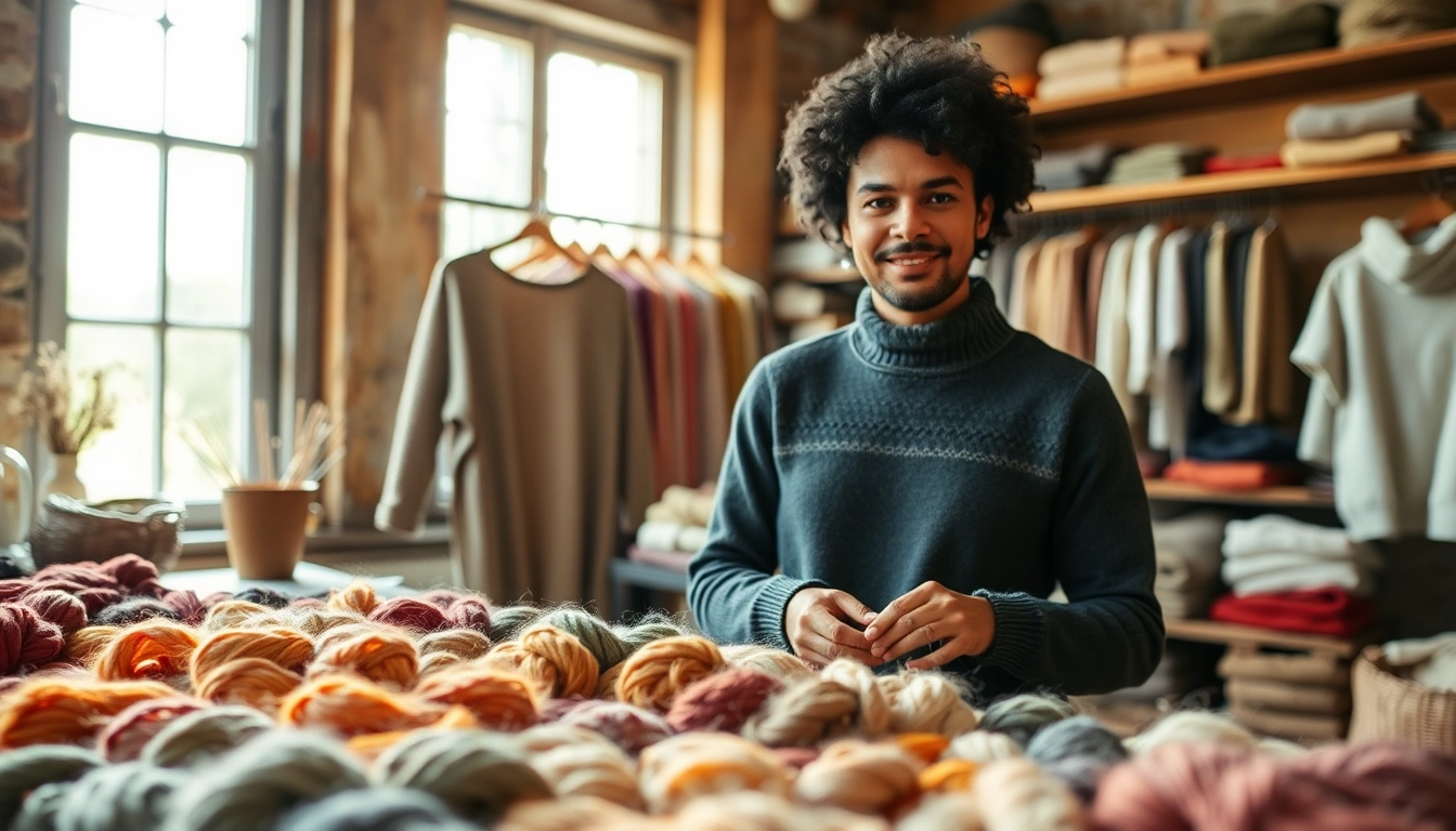 Showcasing handcrafted garments and colorful yarns at https://www.ound-ound.com in a rustic workshop.