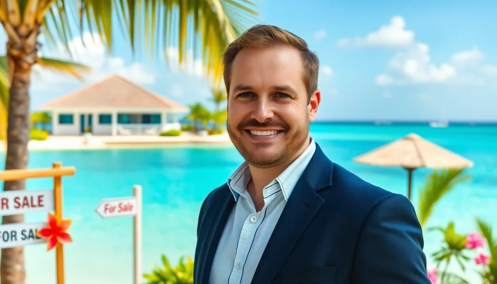 Belize Real Estate Agent Dustin Rennie in front of a beachfront property in Ambergris Caye.