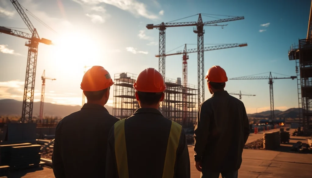 Builders collaborating at a construction site representing the construction association Colorado.