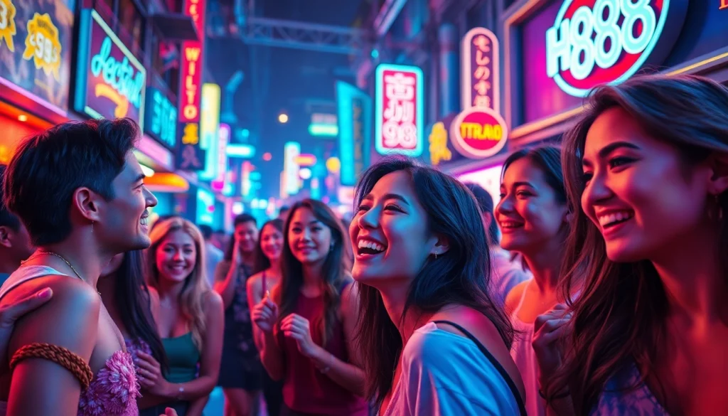 Hello88 nightlife scene with diverse friends enjoying music and vibrant neon lights