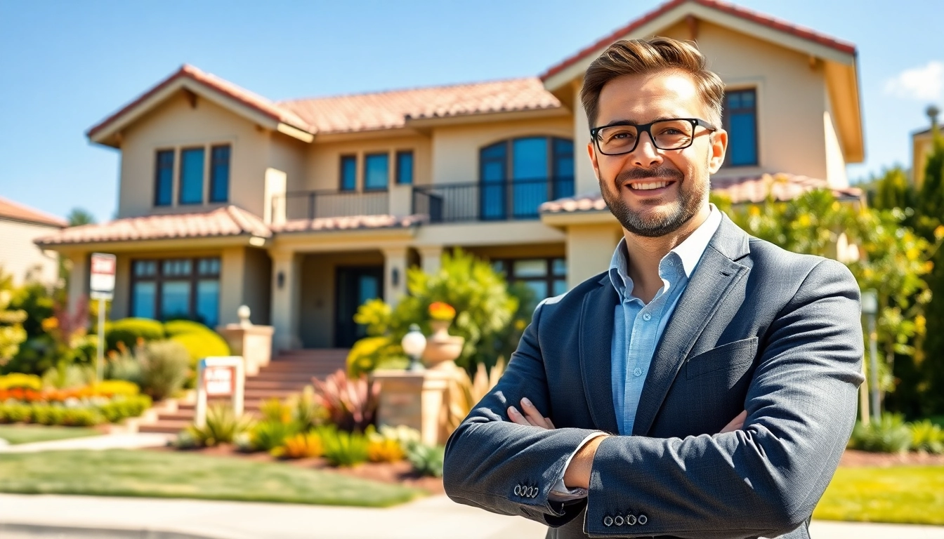 Real Estate agent highlighting a luxury home with vibrant landscaping and inviting atmosphere.