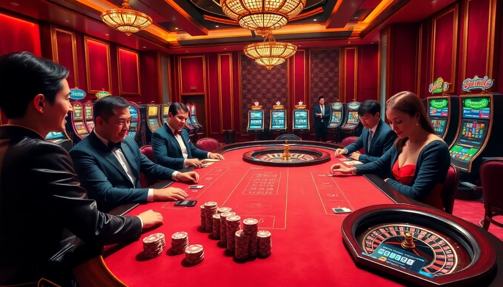 Exciting casino atmosphere at UU88 featuring poker tables, roulette wheel, and vibrant slot machines.