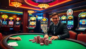 Players engaging in poker at the top nhà cái table under dramatic lighting, surrounded by vibrant slot machines.