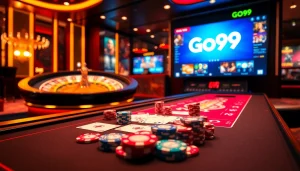 Go99 online casino scene with vibrant game interface, poker chips, and roulette wheel.