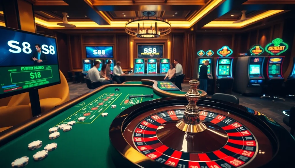 S8 branding lighting up a high-energy casino scene with players at roulette and poker tables.
