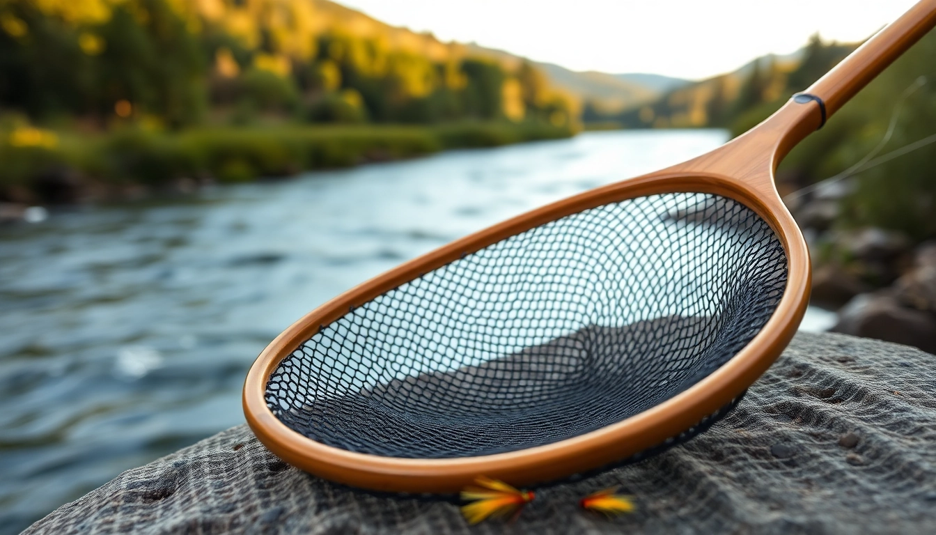 Showcasing a Fly fishing net with intricate design and serene riverside backdrop.