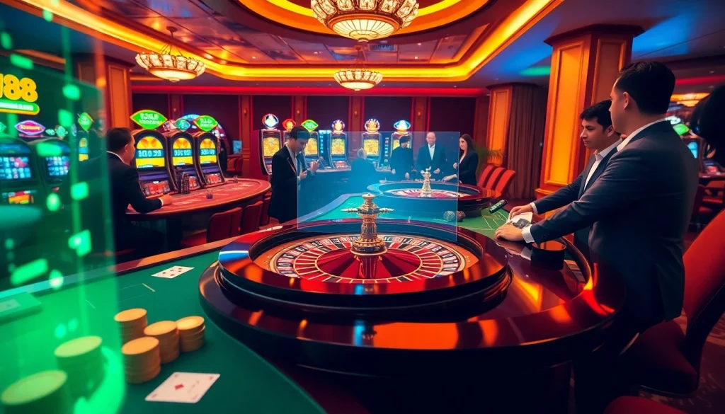 Experience the thrill of W88 with lively roulette and slot machines enticing players in a luxurious casino.