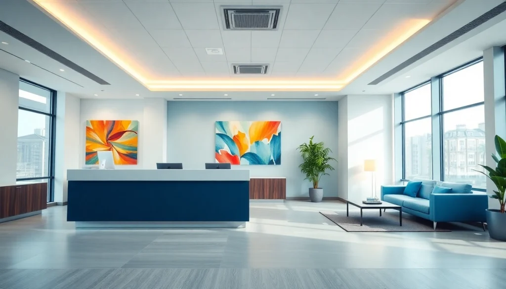 Showcasing a professional real estate office with modern design and inviting atmosphere.