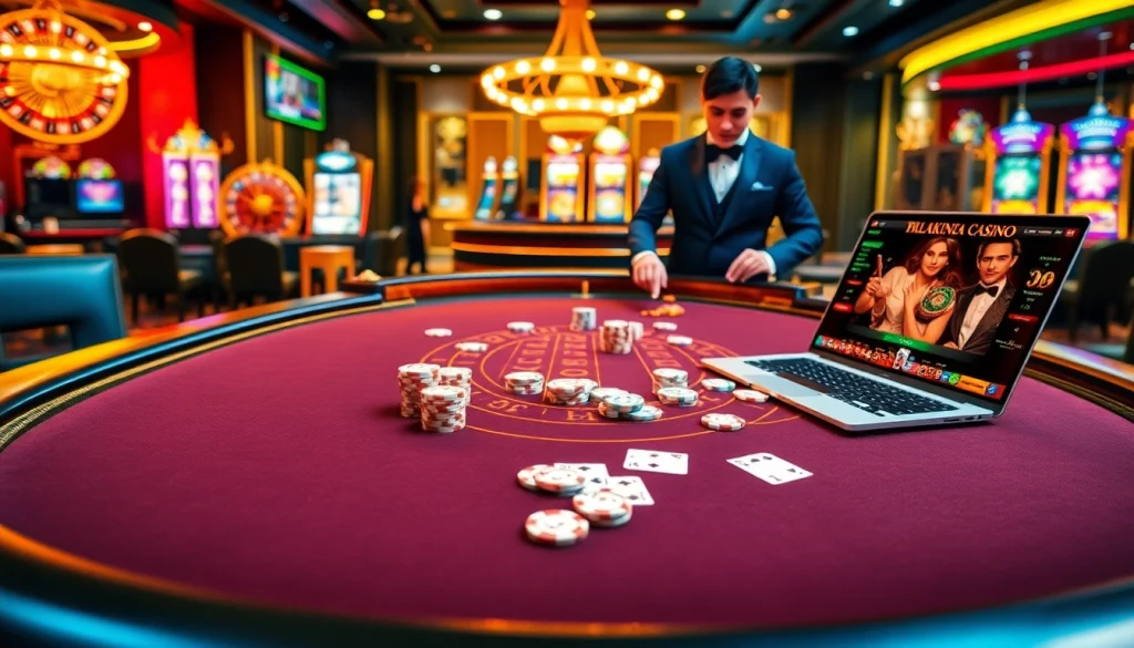 Experience the excitement of gambling at https://3king.cn.com/ featuring a luxurious casino table filled with cards, chips, and roulette wheels.