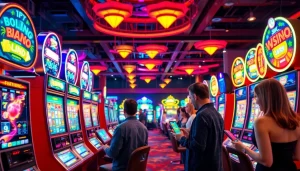 Menggambarkan slot depo 5k dengan mesin judi yang cerah dan pemain antusias di kasino.