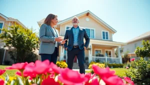 Real Estate agent showcasing a home to potential buyers in a sunny neighborhood.