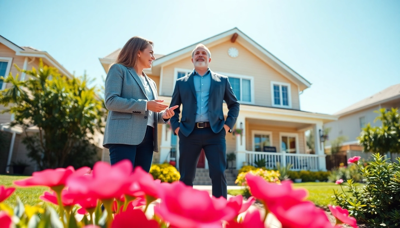 Real Estate agent showcasing a home to potential buyers in a sunny neighborhood.
