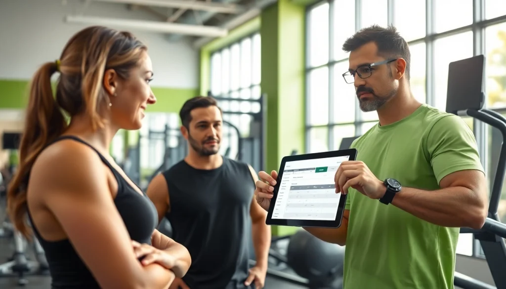 Calculate your metabolic age calculator with a fitness expert in a modern gym setting.