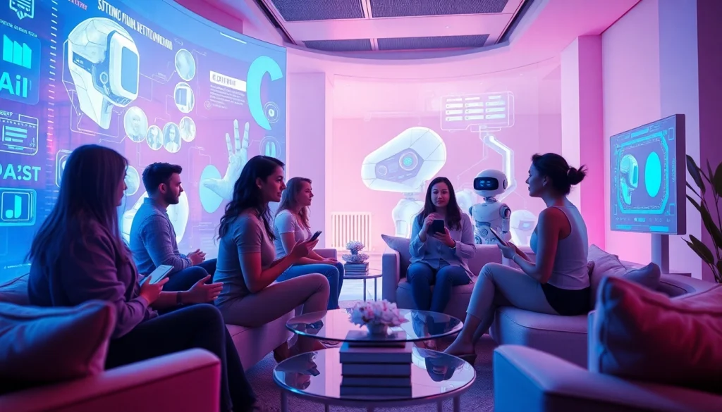 Engaging adults in a futuristic setting exploring sex AI with advanced technology.