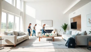 Villa Deep Cleaning Services Dubai team efficiently cleaning a spacious living room with advanced tools.