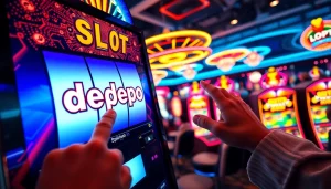 Permainan slot depo 5k yang menarik perhatian dengan mesin slot digital yang cerah.