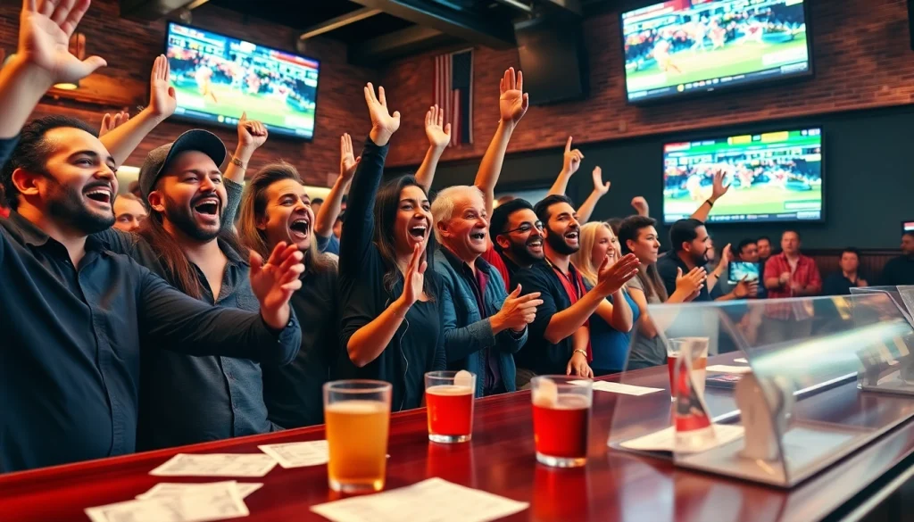 Engaging sports betting in Alabama scene with fans enjoying a lively sports bar atmosphere.
