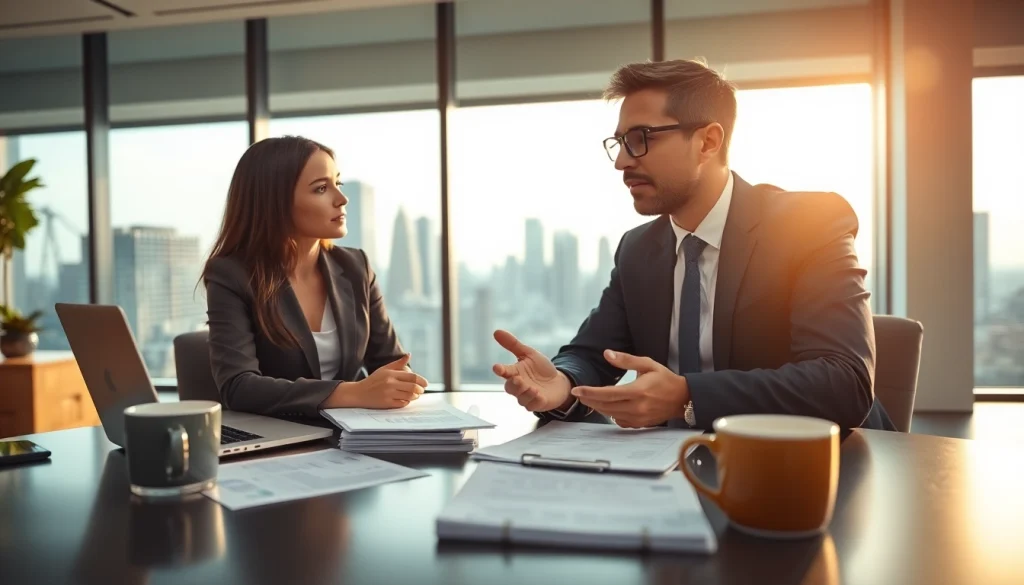 신용카드 현금화를 주제로 한 상담 장면, 전문적인 분위기의 사무실에서 일어나는 토론.