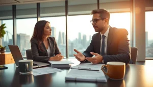 신용카드 현금화를 주제로 한 상담 장면, 전문적인 분위기의 사무실에서 일어나는 토론.