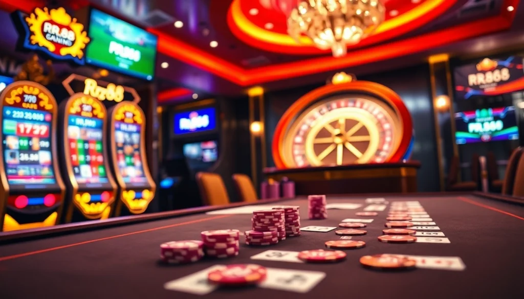 Exciting rr88 online gambling scene featuring a poker table and vibrant slot machines.
