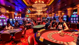 Excited players betting at K88 casino's vibrant poker and roulette tables with colorful chips.
