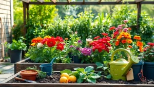 Engaging gardening scene showcasing vibrant plants and flowers in a lush home garden.