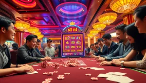 Nổ Hũ slot machine captivates players in a luxurious casino setting with vibrant excitement.