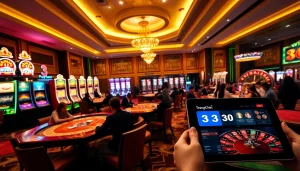 A captivating scene of players experiencing the excitement of trang chủ 33win at a luxurious casino.