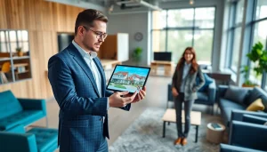 Real Estate agent assisting clients with property choices in a modern office setting.