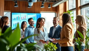 Engaging real estate agents discussing strategies and listings in a modern office setting.