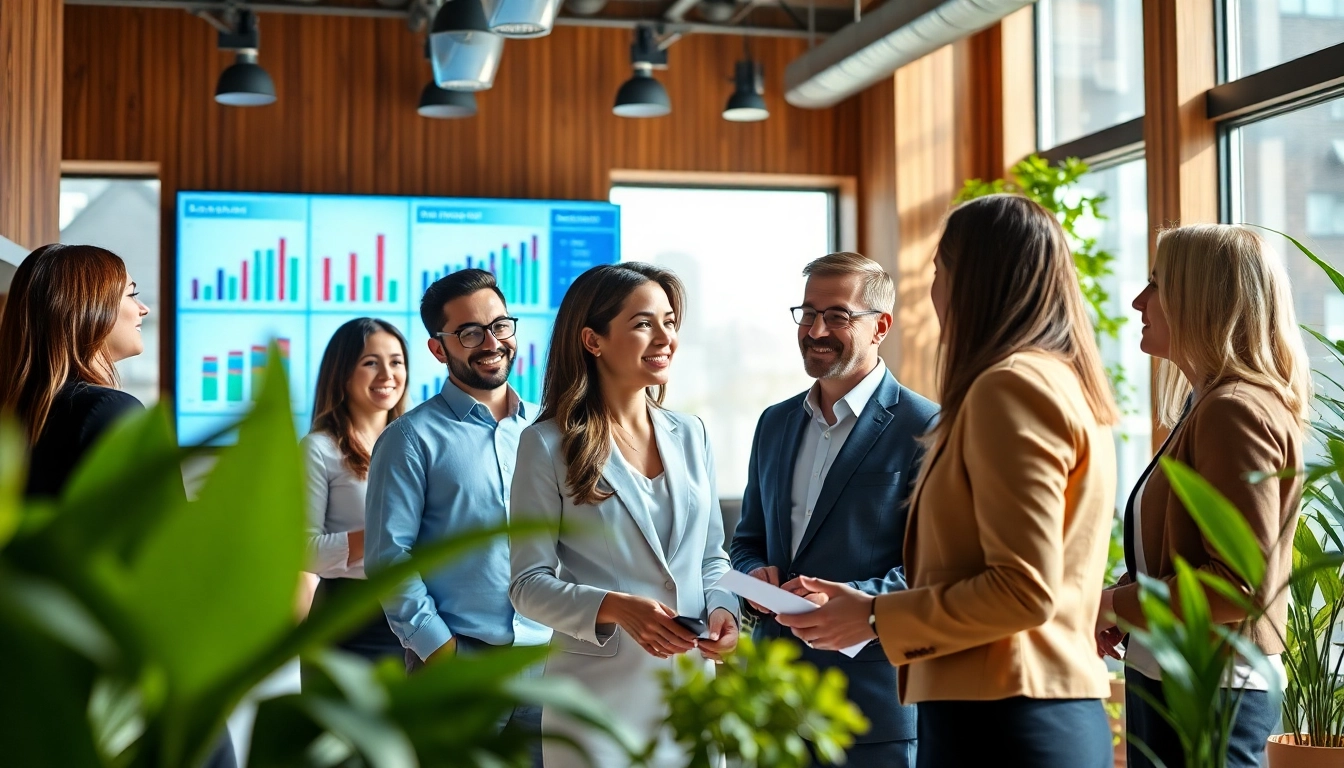 Engaging real estate agents discussing strategies and listings in a modern office setting.