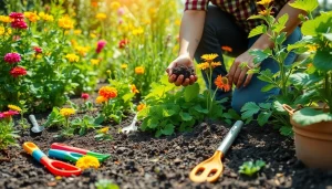 Gardening enthusiast tending to vibrant plants in a flourishing garden.