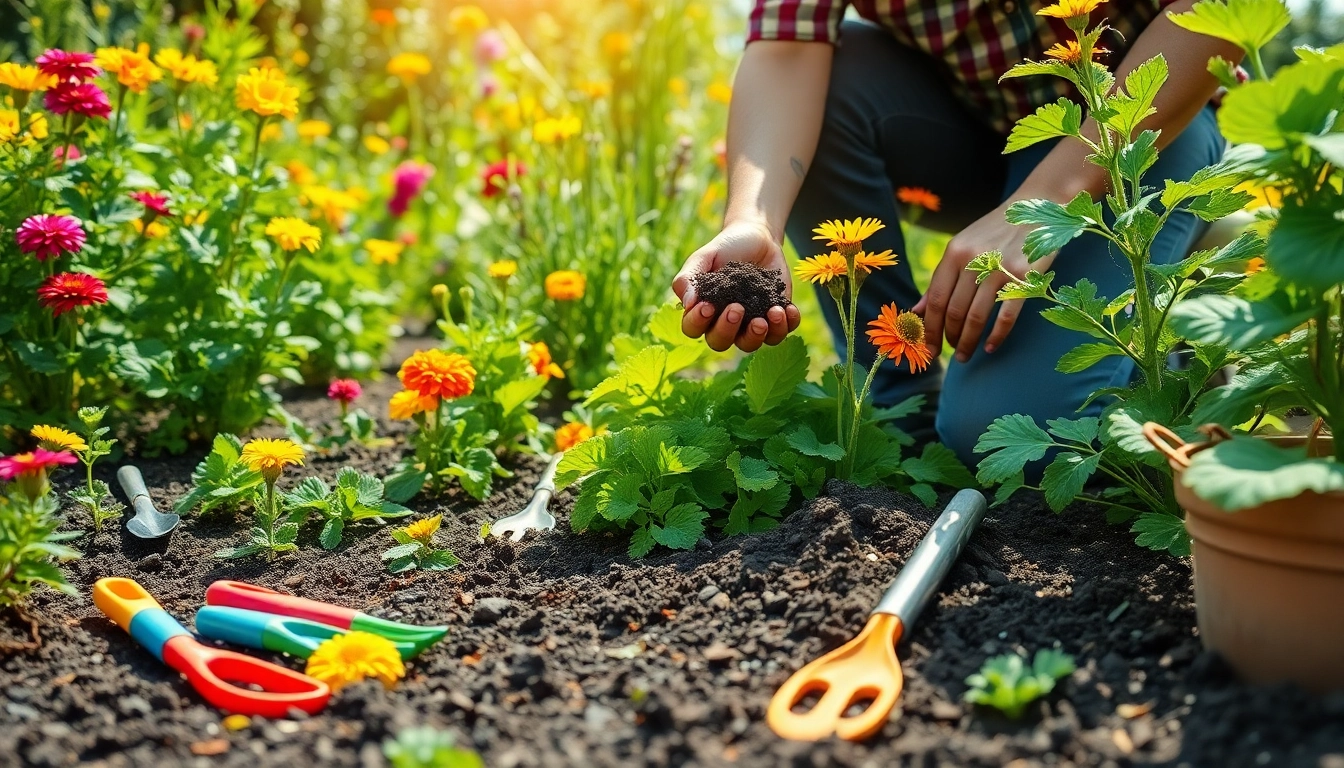 Gardening enthusiast tending to vibrant plants in a flourishing garden.